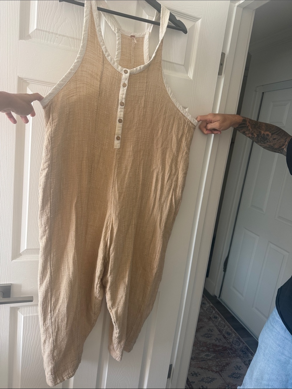 Free People Natural Woven Tank Romper with White Trim